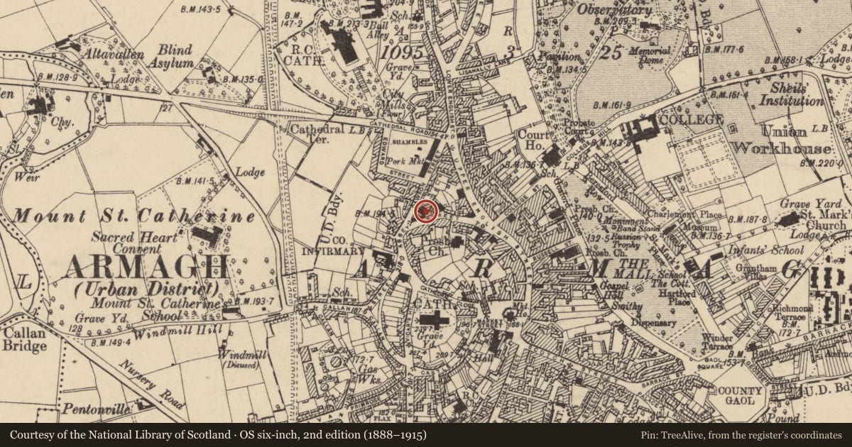 Ordnance Survey six-inch map, 2nd edition (1888–1915) covering the location of Methodist Church, Armagh City, Banbridge and Craigavon, with a pin at the register's coordinates