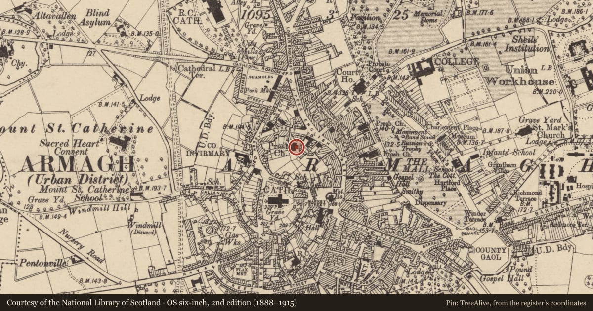 Ordnance Survey six-inch map, 2nd edition (1888–1915) covering the location of Former Presbyterian Church, Armagh City, Banbridge and Craigavon, with a pin at the register's coordinates
