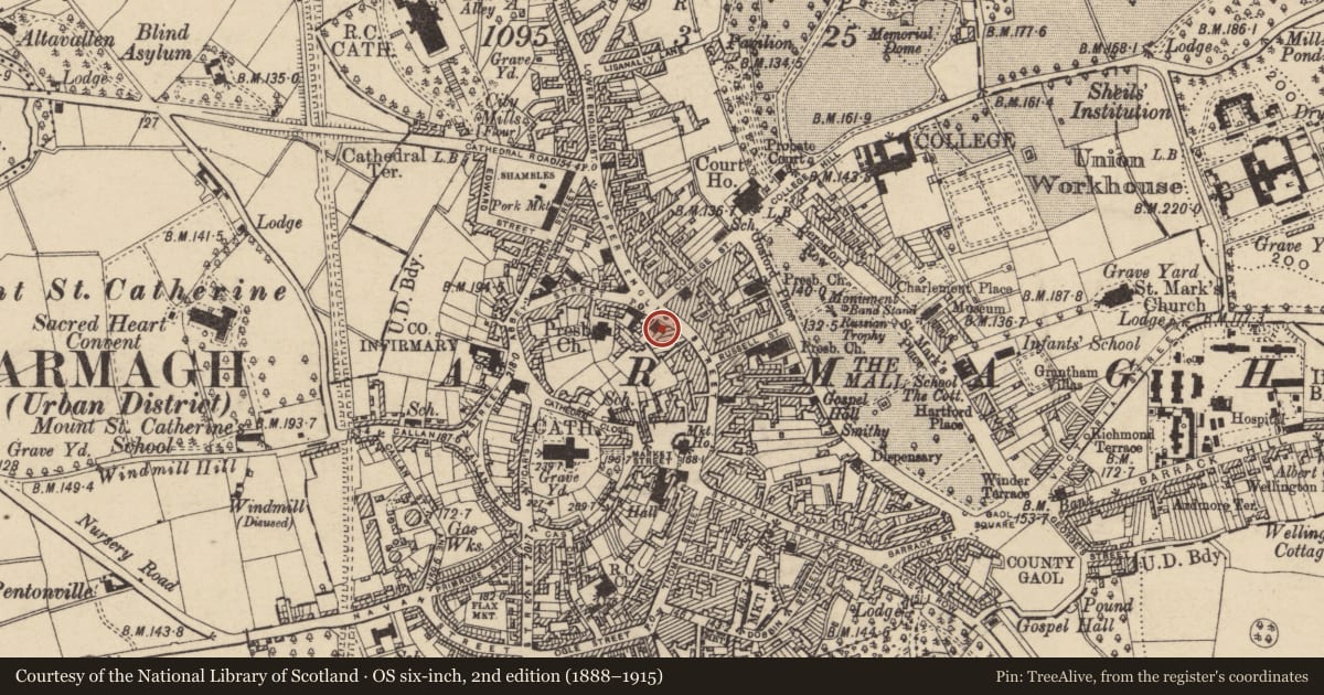 Ordnance Survey six-inch map, 2nd edition (1888–1915) covering the location of Northern Bank(FORMER), Armagh City, Banbridge and Craigavon, with a pin at the register's coordinates