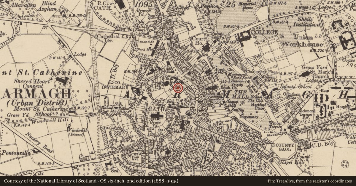 Ordnance Survey six-inch map, 2nd edition (1888–1915) covering the location of Northern Bank House, Armagh City, Banbridge and Craigavon, with a pin at the register's coordinates