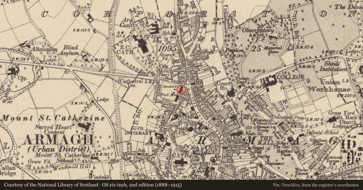 Ordnance Survey six-inch map, 2nd edition (1888–1915) covering the location of Market House, Armagh City, Banbridge and Craigavon, with a pin at the register's coordinates