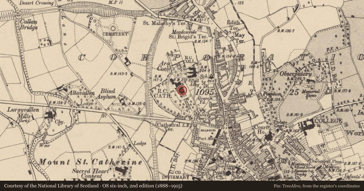 Ordnance Survey six-inch map, 2nd edition (1888–1915) covering the location of Synod Hall And Sacristy Of St. Patrick'S R C CATHEDRAL, Armagh City, Banbridge and Craigavon, with a pin at the register's coordinates