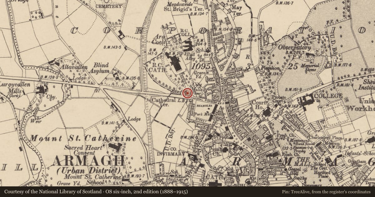 Ordnance Survey six-inch map, 2nd edition (1888–1915) covering the location of Sexton'S Lodge Of St. Patrick'S R C CATHEDRAL, Armagh City, Banbridge and Craigavon, with a pin at the register's coordinates