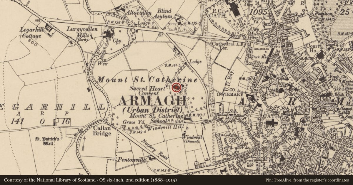 Ordnance Survey six-inch map, 2nd edition (1888–1915) covering the location of Convent Of The Sacred Heart, Armagh City, Banbridge and Craigavon, with a pin at the register's coordinates