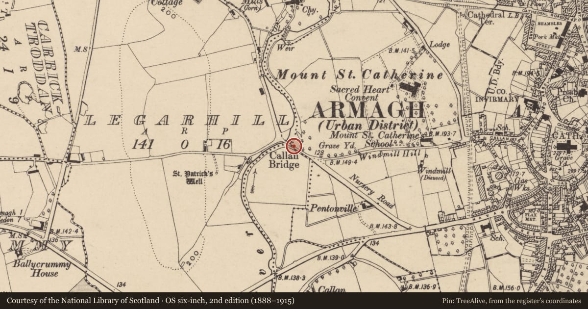 Ordnance Survey six-inch map, 2nd edition (1888–1915) covering the location of Callan Bridge, Armagh City, Banbridge and Craigavon, with a pin at the register's coordinates