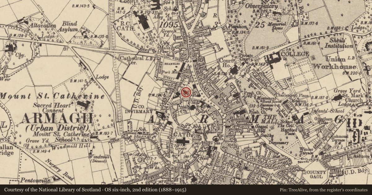 Ordnance Survey six-inch map, 2nd edition (1888–1915) covering the location of Unionist Hall, Armagh City, Banbridge and Craigavon, with a pin at the register's coordinates