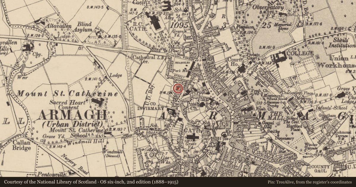Ordnance Survey six-inch map, 2nd edition (1888–1915) covering the location of 17 Dawson St., Armagh City, Banbridge and Craigavon, with a pin at the register's coordinates