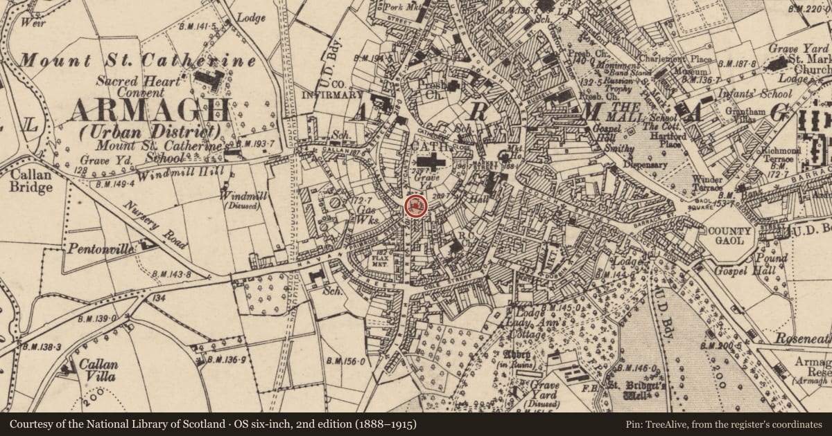 Ordnance Survey six-inch map, 2nd edition (1888–1915) covering the location of 53 Castle St., Armagh City, Banbridge and Craigavon, with a pin at the register's coordinates
