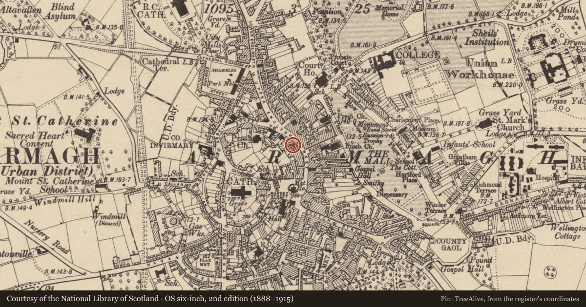 Ordnance Survey six-inch map, 2nd edition (1888–1915) covering the location of 34 Upper English St., Armagh City, Banbridge and Craigavon, with a pin at the register's coordinates