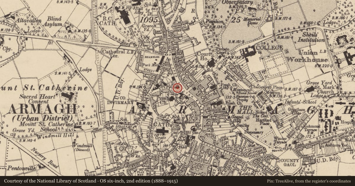 Ordnance Survey six-inch map, 2nd edition (1888–1915) covering the location of First Trust Bank, Armagh City, Banbridge and Craigavon, with a pin at the register's coordinates