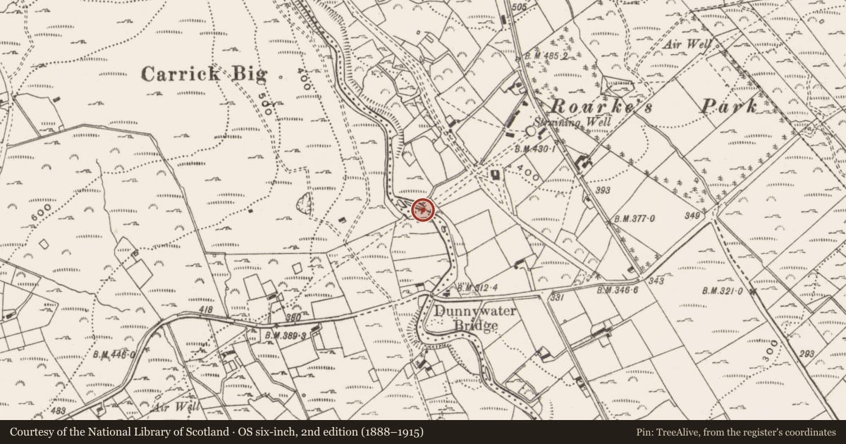 Ordnance Survey six-inch map, 2nd edition (1888–1915) covering the location of Aqueduct, Moneydorragh More Upper/Mullartown, Newry, Mourne and Down, with a pin at the register's coordinates
