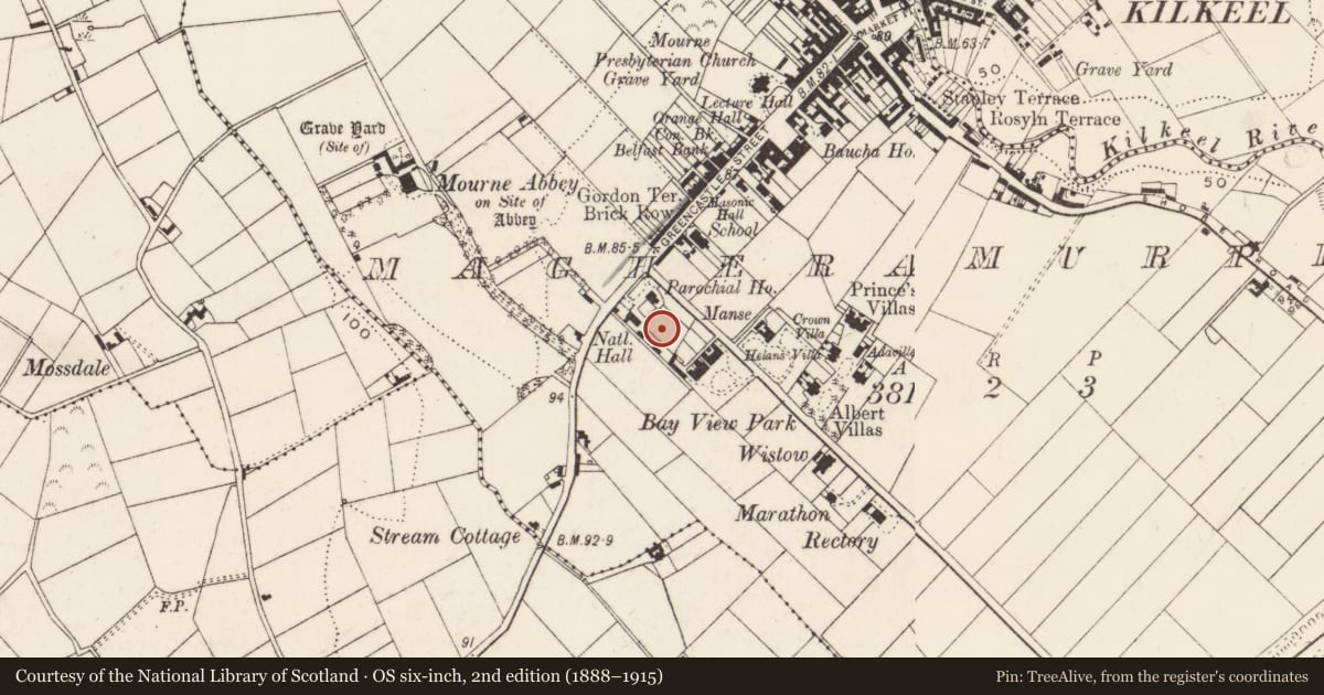 Ordnance Survey six-inch map, 2nd edition (1888–1915) covering the location of Our Lady of the Angels Oratory (RC), Magheramurphy, Newry, Mourne and Down, with a pin at the register's coordinates