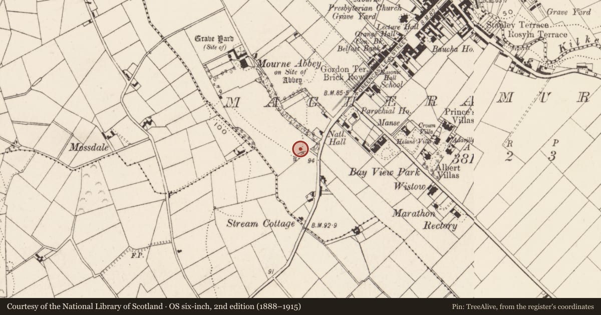 Ordnance Survey six-inch map, 2nd edition (1888–1915) covering the location of 18 Greencastle Street, Magheramurphy, Newry, Mourne and Down, with a pin at the register's coordinates
