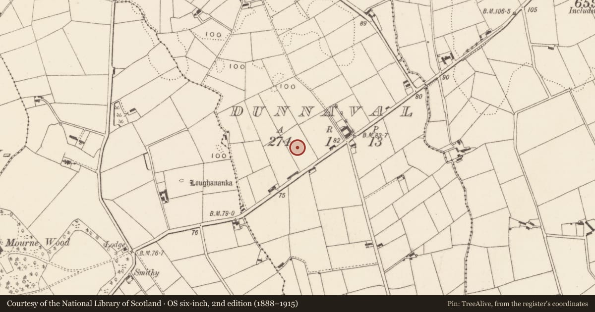Ordnance Survey six-inch map, 2nd edition (1888–1915) covering the location of WW2 technical site, Dunnaval, Newry, Mourne and Down, with a pin at the register's coordinates