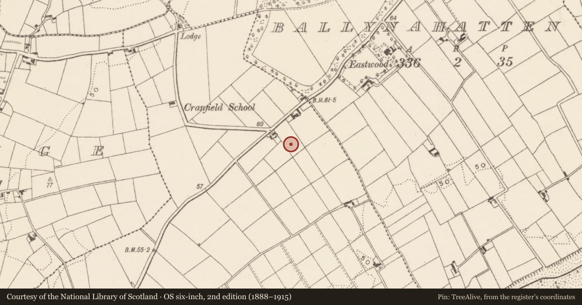 Ordnance Survey six-inch map, 2nd edition (1888–1915) covering the location of WW2 structures, Cranfield, Newry, Mourne and Down, with a pin at the register's coordinates