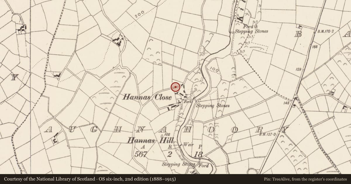 Ordnance Survey six-inch map, 2nd edition (1888–1915) covering the location of "The Barn", Aughnahoory, Newry, Mourne and Down, with a pin at the register's coordinates
