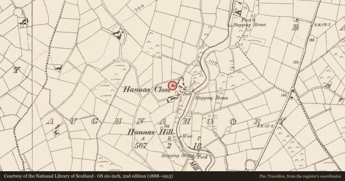 Ordnance Survey six-inch map, 2nd edition (1888–1915) covering the location of "The Carthouse", Aughnahoory, Newry, Mourne and Down, with a pin at the register's coordinates