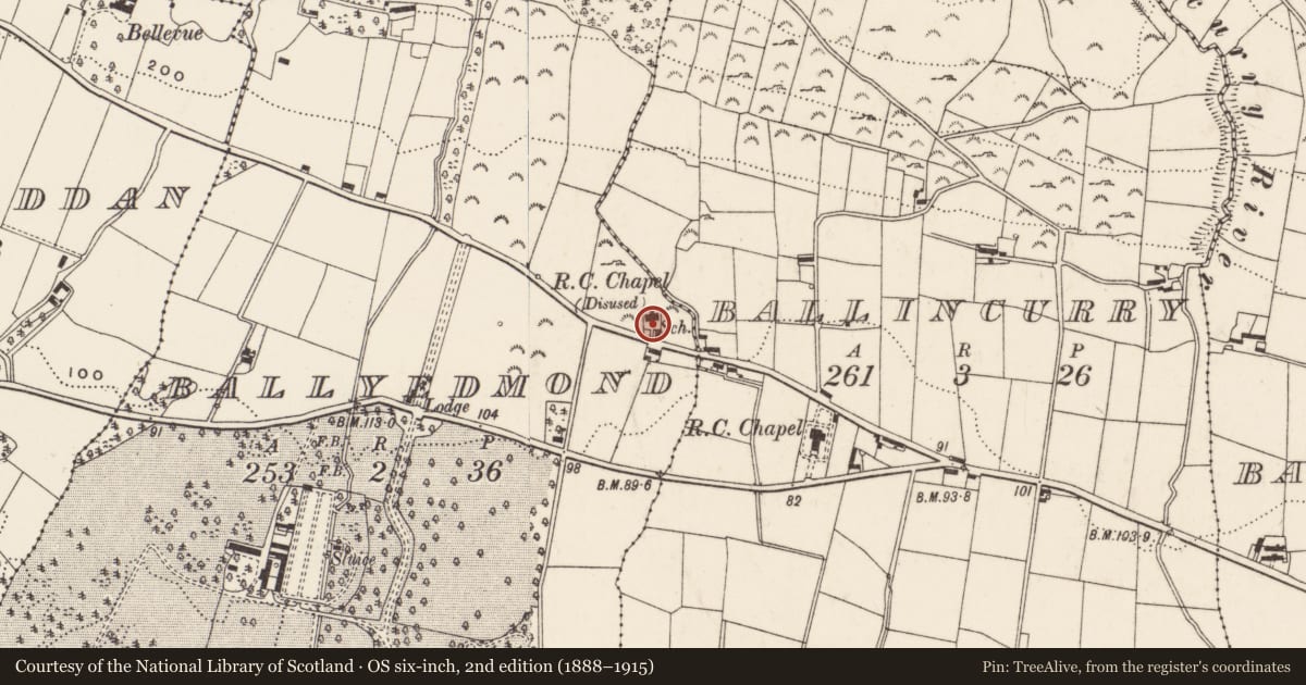 Ordnance Survey six-inch map, 2nd edition (1888–1915) covering the location of Killowen School, Ballyedmond, Newry, Mourne and Down, with a pin at the register's coordinates