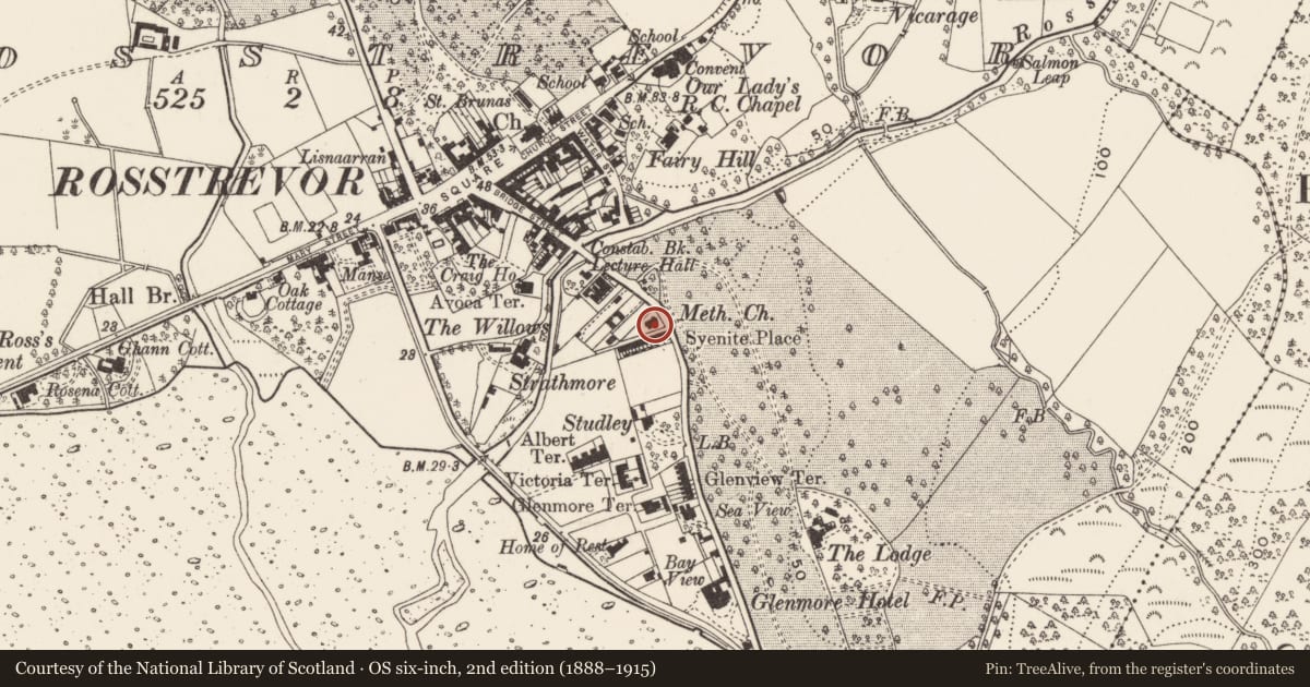 Ordnance Survey six-inch map, 2nd edition (1888–1915) covering the location of Methodist Church, Newry, Mourne and Down, with a pin at the register's coordinates