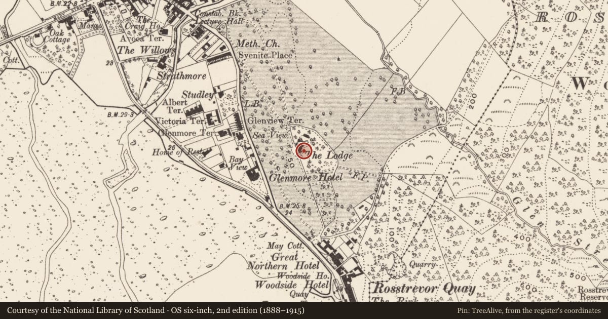 Ordnance Survey six-inch map, 2nd edition (1888–1915) covering the location of The Lodge, Newry, Mourne and Down, with a pin at the register's coordinates