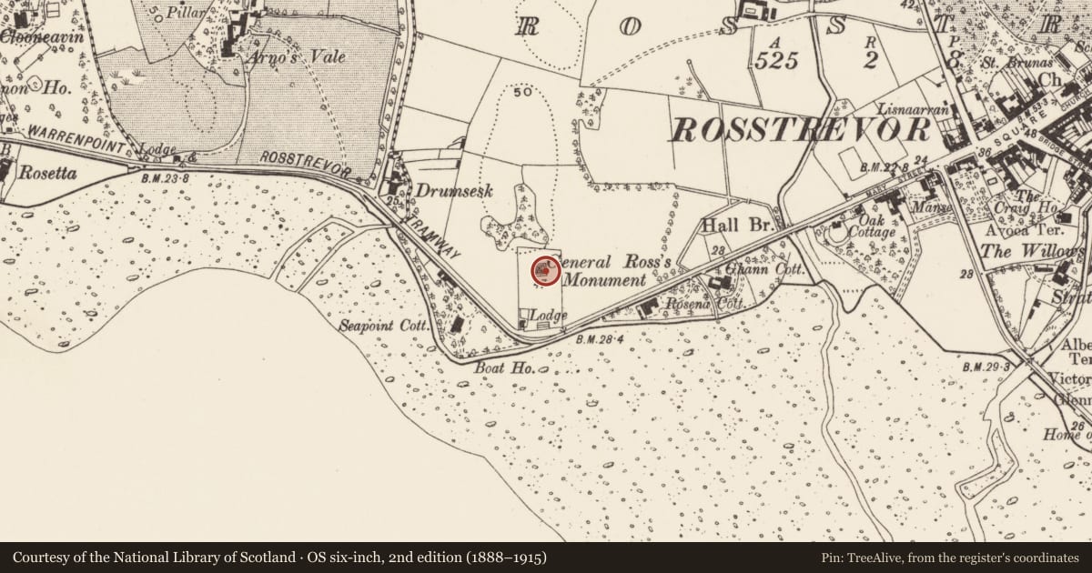 Ordnance Survey six-inch map, 2nd edition (1888–1915) covering the location of Ross Monument, Newry, Mourne and Down, with a pin at the register's coordinates