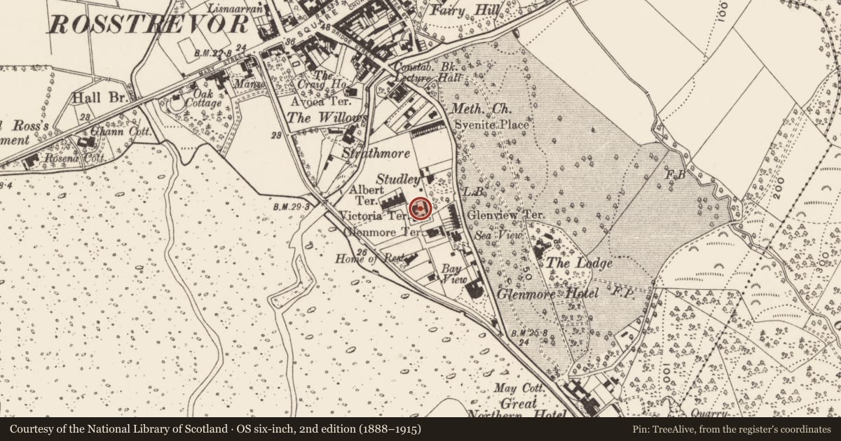 Ordnance Survey six-inch map, 2nd edition (1888–1915) covering the location of 34 Victoria Square, Newry, Mourne and Down, with a pin at the register's coordinates