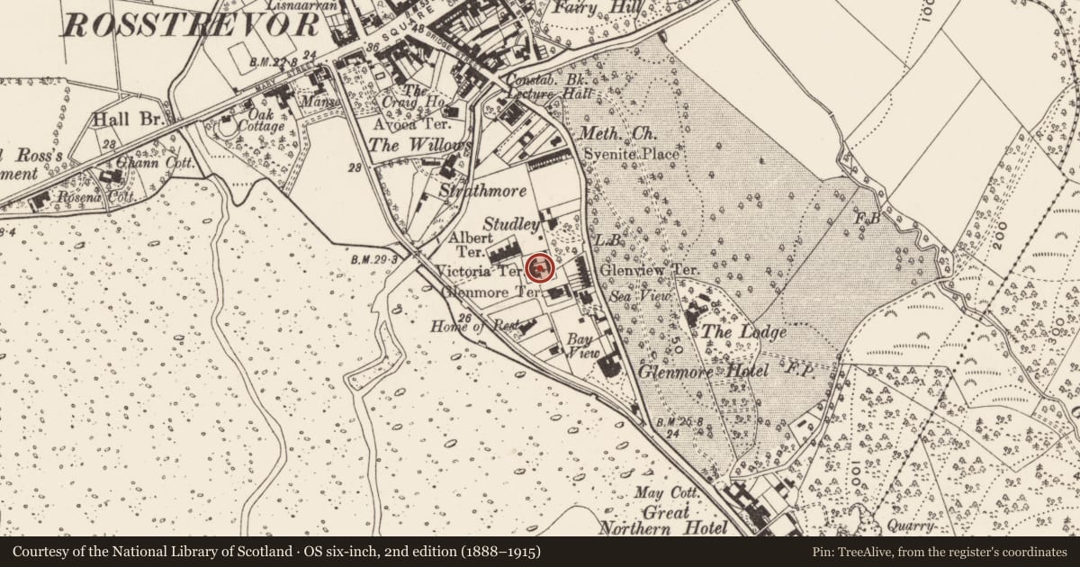 Ordnance Survey six-inch map, 2nd edition (1888–1915) covering the location of 36 Victoria Square, Newry, Mourne and Down, with a pin at the register's coordinates