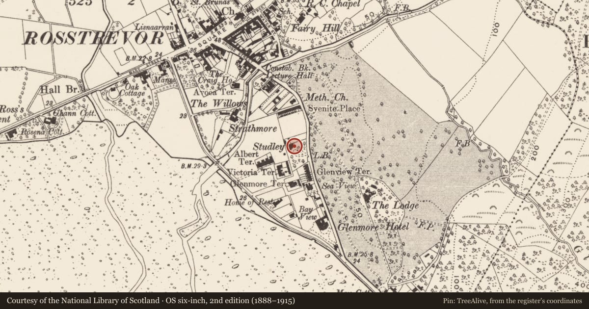 Ordnance Survey six-inch map, 2nd edition (1888–1915) covering the location of Studley House, Rostrevor, Newry, Mourne and Down, with a pin at the register's coordinates