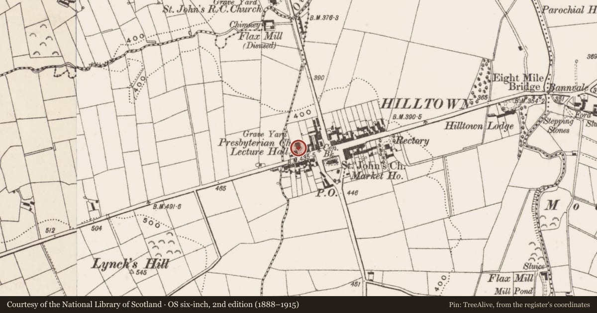 Ordnance Survey six-inch map, 2nd edition (1888–1915) covering the location of Hilltown Presbyterian Church, Carcullion, Newry, Mourne and Down, with a pin at the register's coordinates