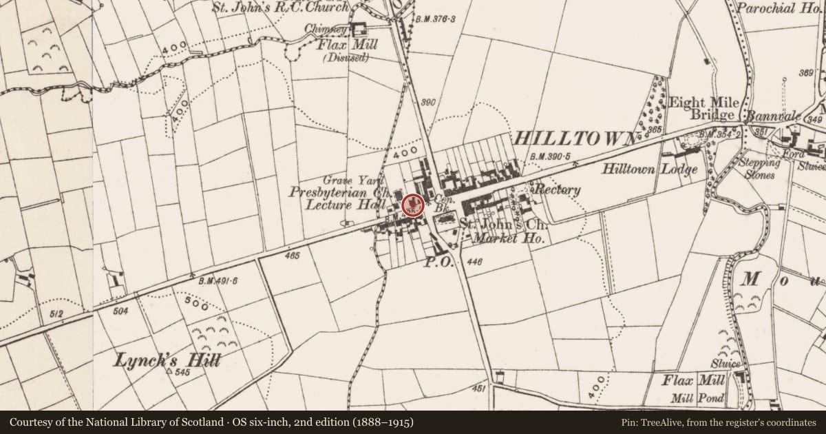Ordnance Survey six-inch map, 2nd edition (1888–1915) covering the location of Presbyterian Manse, Carcullion, Newry, Mourne and Down, with a pin at the register's coordinates