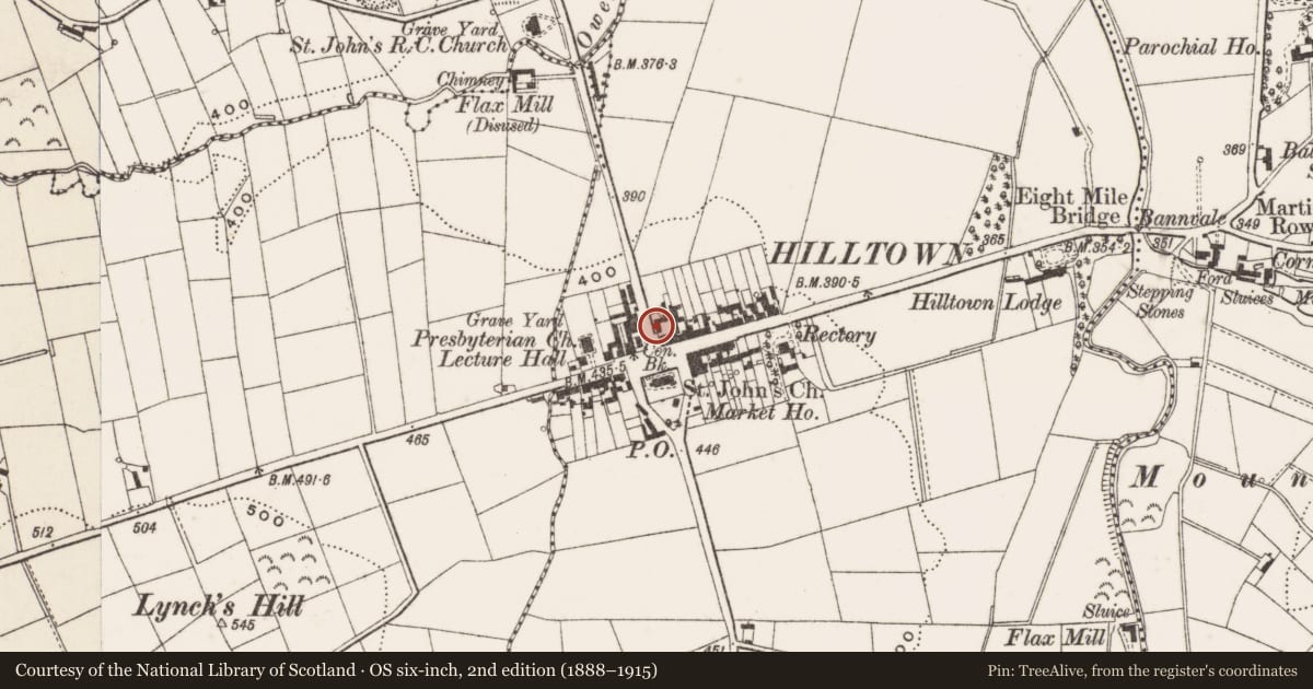 Ordnance Survey six-inch map, 2nd edition (1888–1915) covering the location of 4-6 Rathfriland Road, Carcullion, Newry, Mourne and Down, with a pin at the register's coordinates