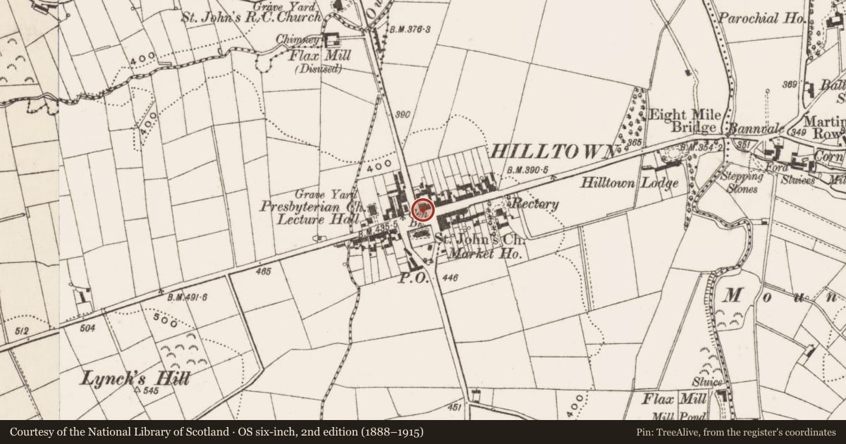 Ordnance Survey six-inch map, 2nd edition (1888–1915) covering the location of Downshire Arms, Carcullion, Newry, Mourne and Down, with a pin at the register's coordinates