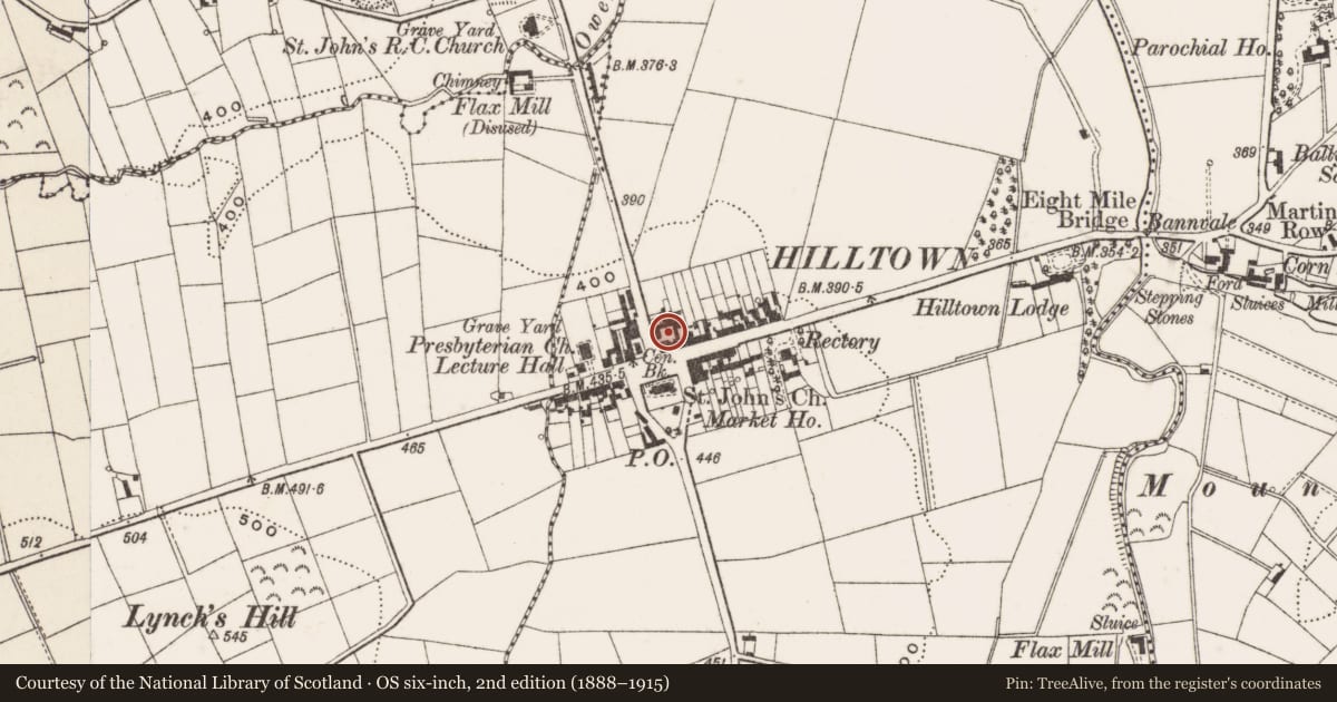 Ordnance Survey six-inch map, 2nd edition (1888–1915) covering the location of Hotel, Carcullion, Newry, Mourne and Down, with a pin at the register's coordinates