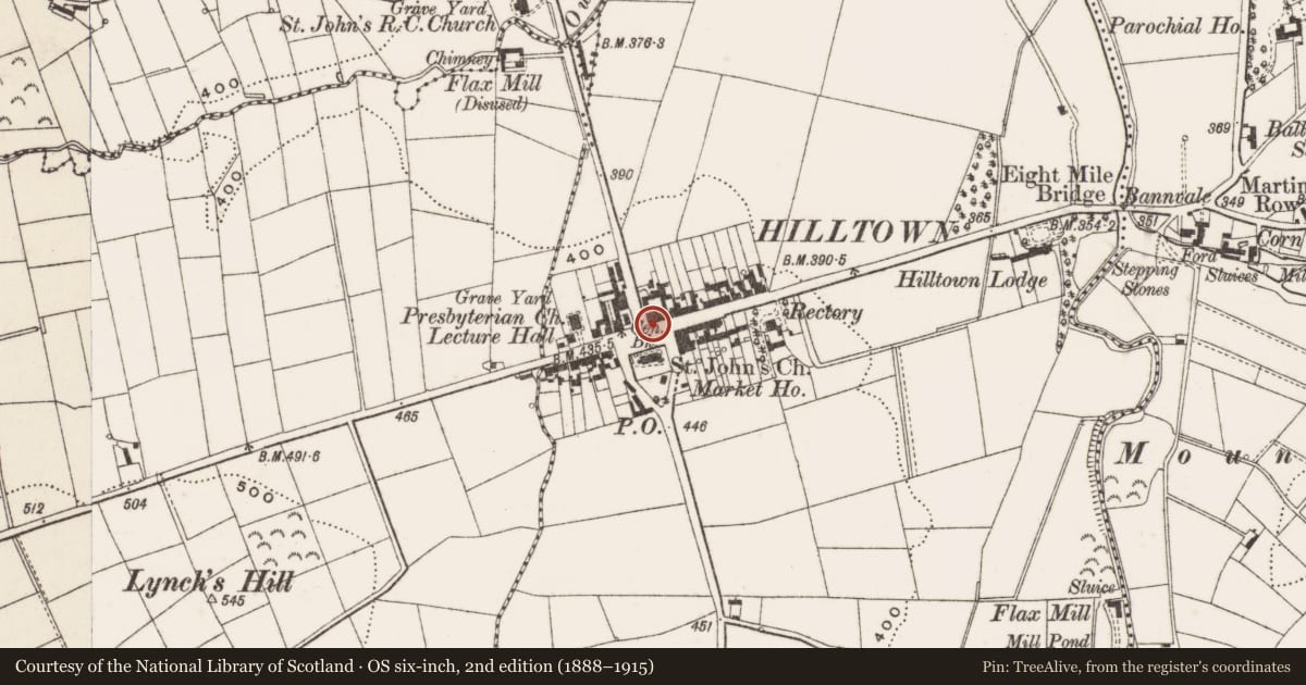 Ordnance Survey six-inch map, 2nd edition (1888–1915) covering the location of Former Market House, Carcullion, Newry, Mourne and Down, with a pin at the register's coordinates