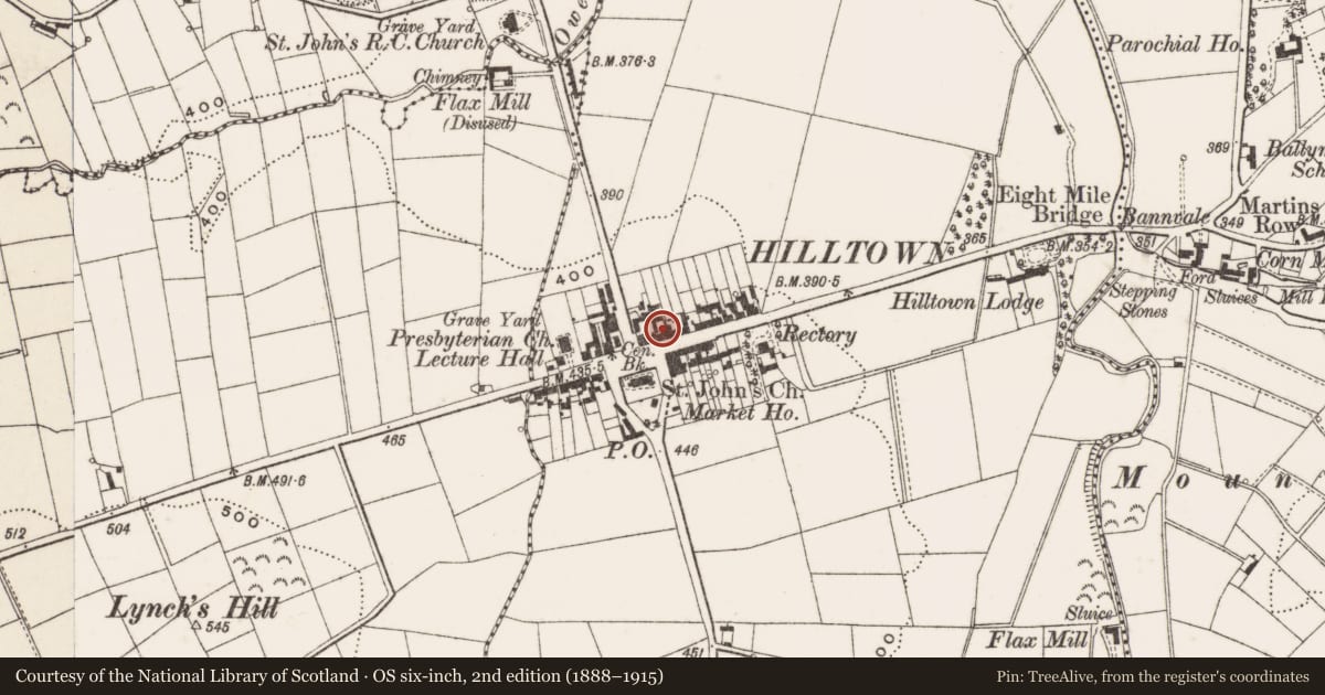 Ordnance Survey six-inch map, 2nd edition (1888–1915) covering the location of 30 Main St, Carcullion, Newry, Mourne and Down, with a pin at the register's coordinates