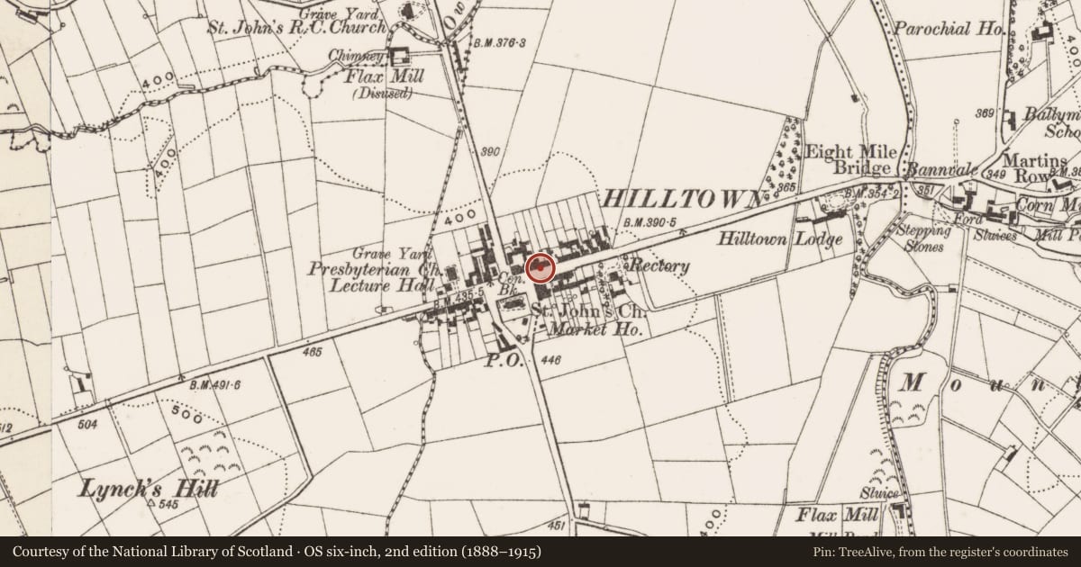 Ordnance Survey six-inch map, 2nd edition (1888–1915) covering the location of 32 Main St, Carcullion, Newry, Mourne and Down, with a pin at the register's coordinates