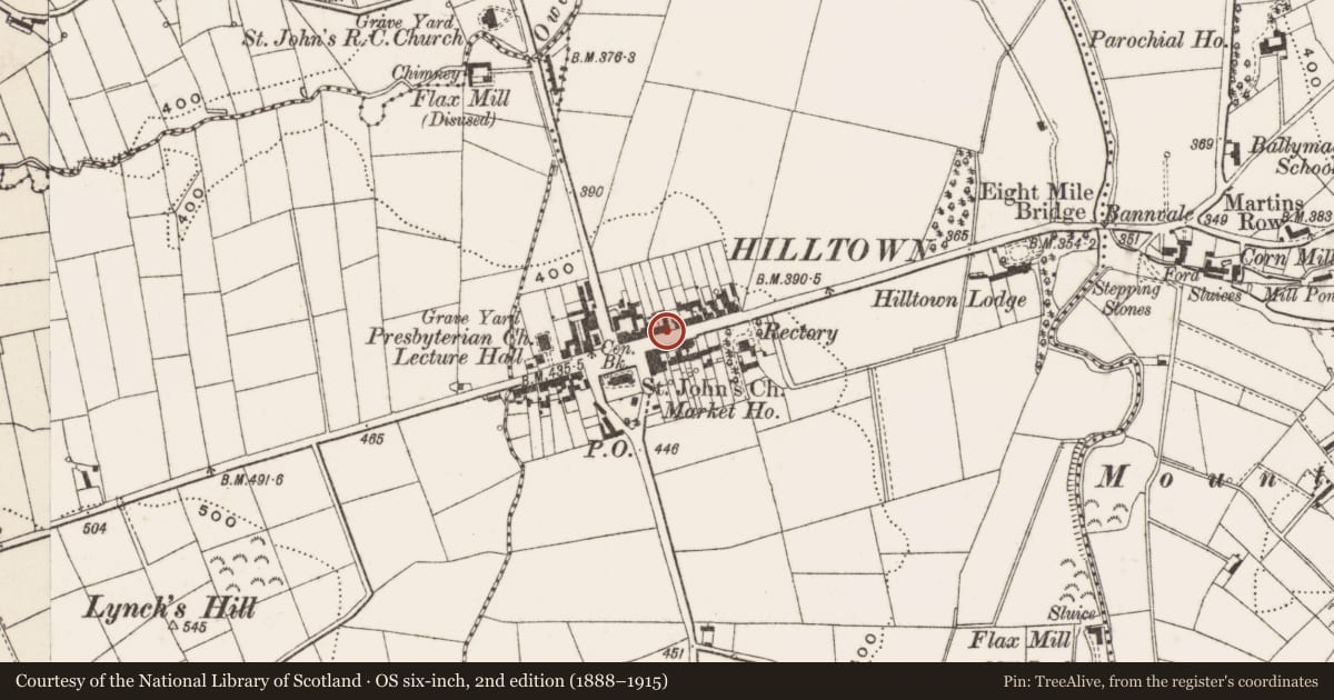 Ordnance Survey six-inch map, 2nd edition (1888–1915) covering the location of 36 Main St, Carcullion, Newry, Mourne and Down, with a pin at the register's coordinates