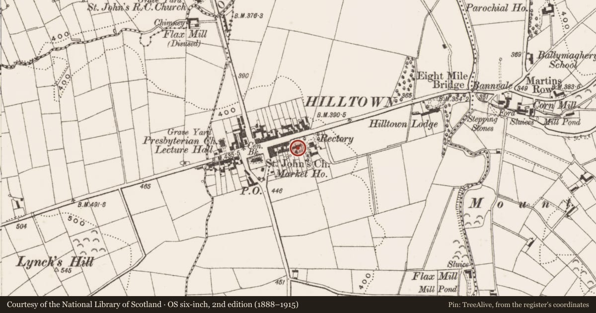 Ordnance Survey six-inch map, 2nd edition (1888–1915) covering the location of 47 Main Street, Carcullion, Newry, Mourne and Down, with a pin at the register's coordinates