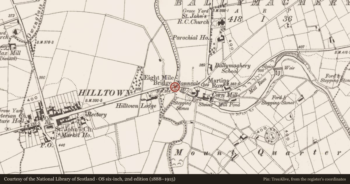 Ordnance Survey six-inch map, 2nd edition (1888–1915) covering the location of Eight Mile Bridge, Carcullion/Ballymaghery, Newry, Mourne and Down, with a pin at the register's coordinates