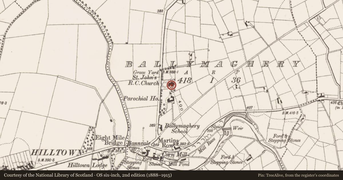 Ordnance Survey six-inch map, 2nd edition (1888–1915) covering the location of St John's RC Church, Ballymaghery, Newry, Mourne and Down, with a pin at the register's coordinates