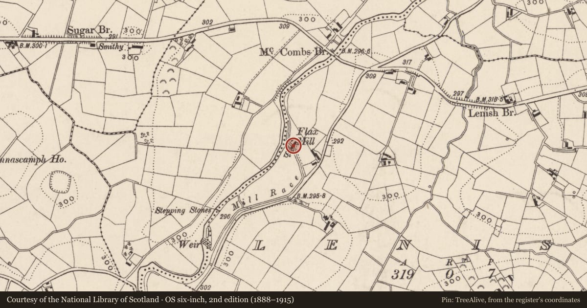 Ordnance Survey six-inch map, 2nd edition (1888–1915) covering the location of Farm Buildings, Lenish, Newry, Mourne and Down, with a pin at the register's coordinates