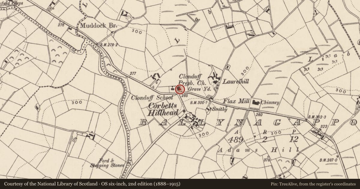 Ordnance Survey six-inch map, 2nd edition (1888–1915) covering the location of Clonduff Presbyterian Church, Ballynagappoge, Newry, Mourne and Down, with a pin at the register's coordinates