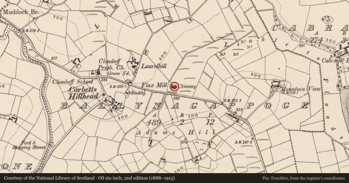 Ordnance Survey six-inch map, 2nd edition (1888–1915) covering the location of Former mill complex, Ballynagappoge, Newry, Mourne and Down, with a pin at the register's coordinates