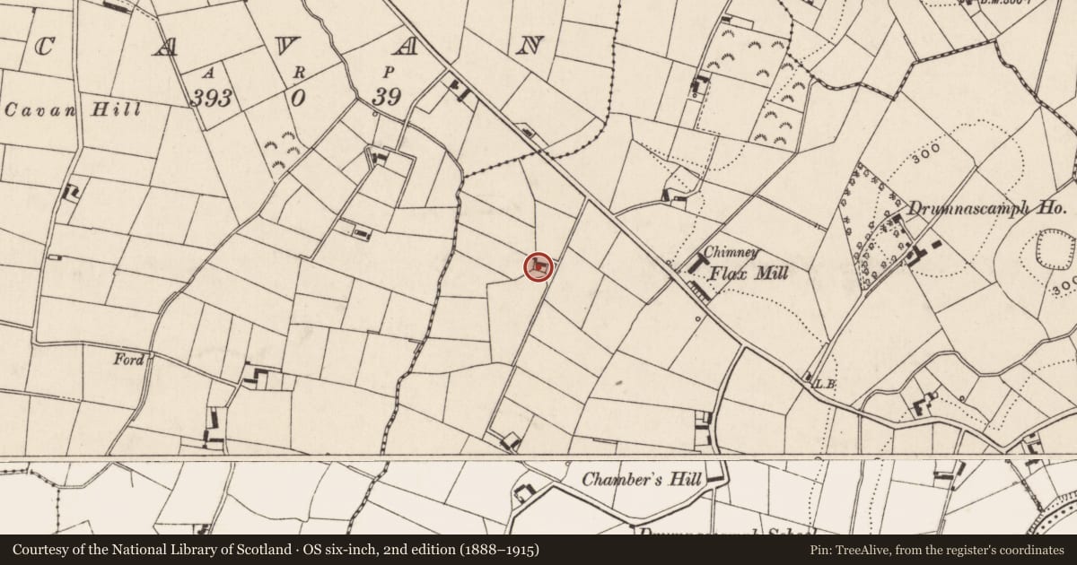 Ordnance Survey six-inch map, 2nd edition (1888–1915) covering the location of Farm complex near 9 Cavan Rd, Newry, Mourne and Down, with a pin at the register's coordinates