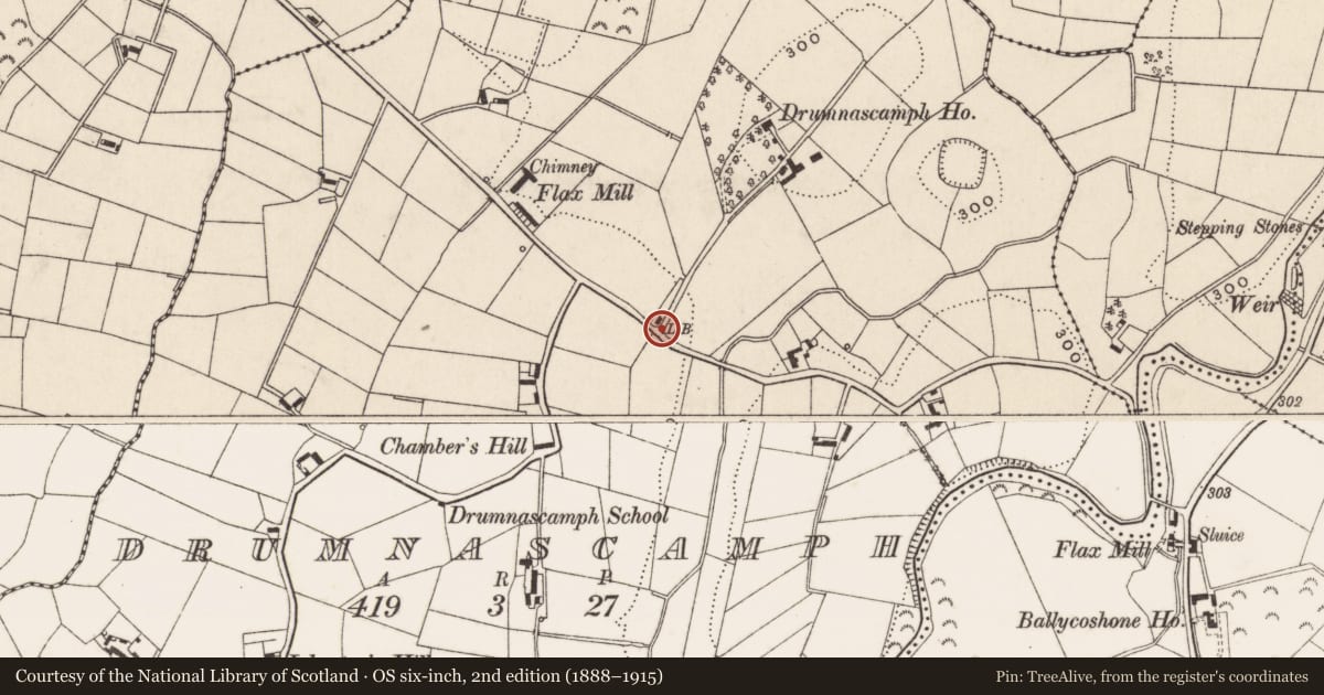 Ordnance Survey six-inch map, 2nd edition (1888–1915) covering the location of Lodge to Drumnascamph House, Drumnashamph, Newry, Mourne and Down, with a pin at the register's coordinates