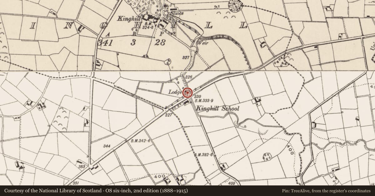 Ordnance Survey six-inch map, 2nd edition (1888–1915) covering the location of Gatelodge and gates to Kinghill House, Newry, Mourne and Down, with a pin at the register's coordinates