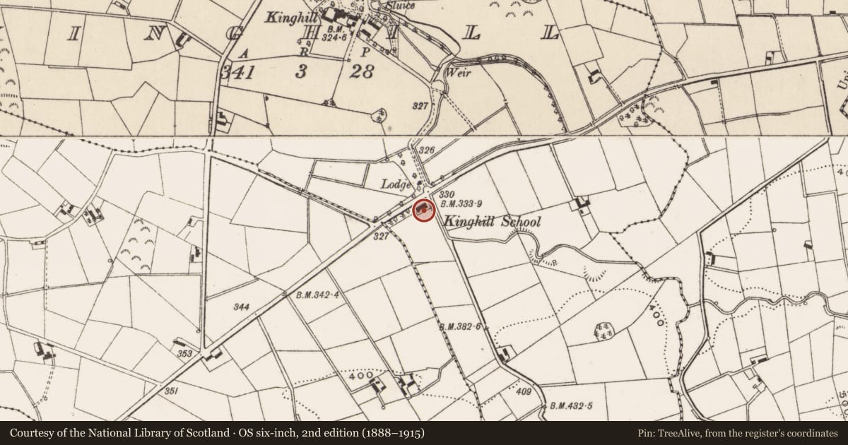 Ordnance Survey six-inch map, 2nd edition (1888–1915) covering the location of Former Kinghill National School, Newry, Mourne and Down, with a pin at the register's coordinates