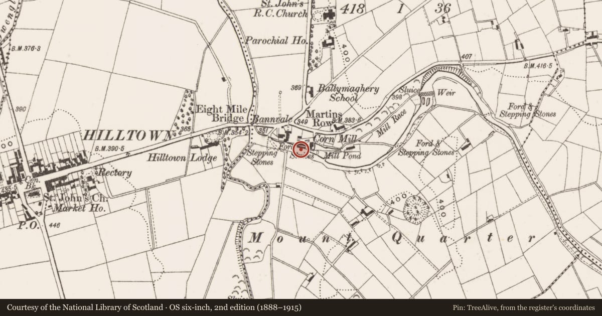 Ordnance Survey six-inch map, 2nd edition (1888–1915) covering the location of Disused flax mill off Kilkeel Rd, Ballymaghery, Newry, Mourne and Down, with a pin at the register's coordinates