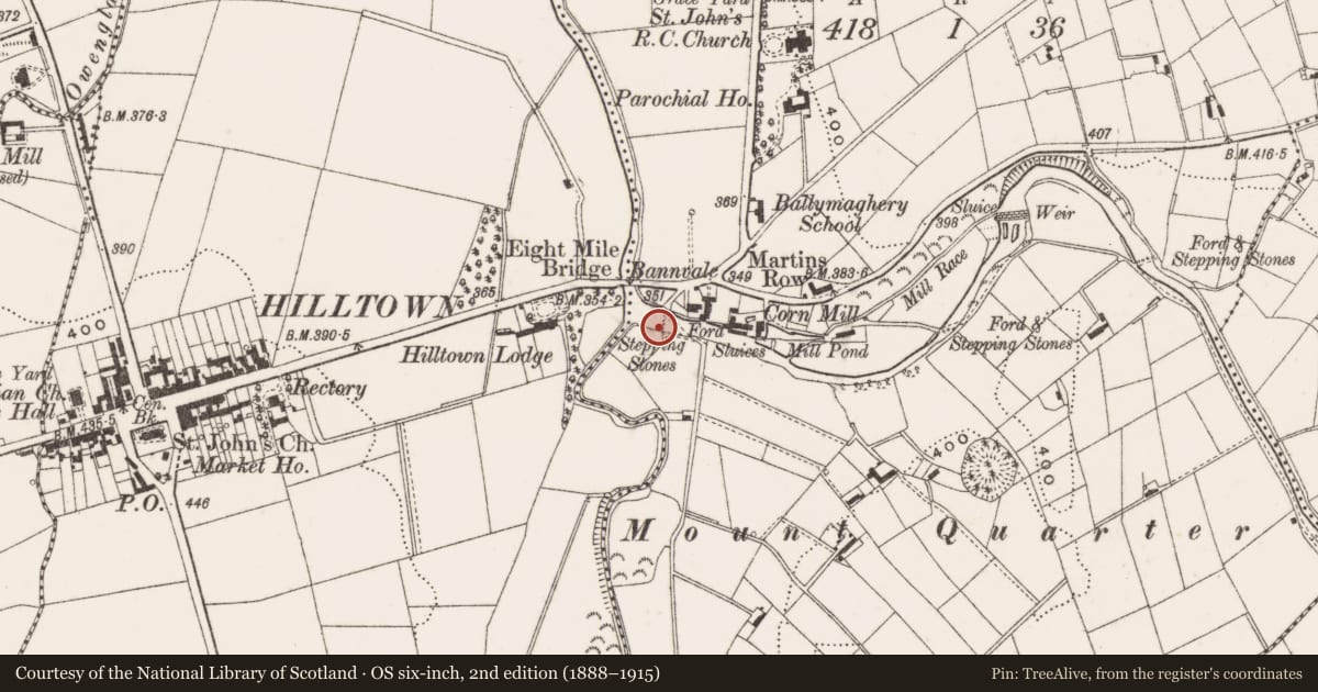 Ordnance Survey six-inch map, 2nd edition (1888–1915) covering the location of Footbridge over River Bann, Ballymaghery, Newry, Mourne and Down, with a pin at the register's coordinates