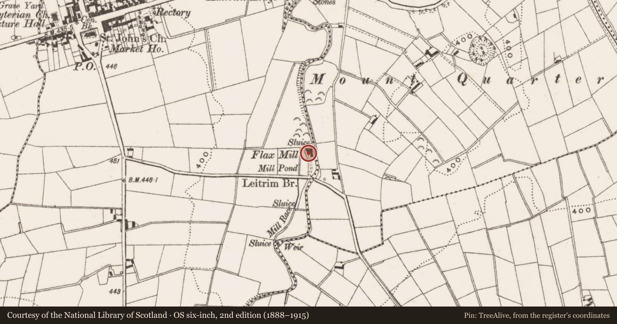 Ordnance Survey six-inch map, 2nd edition (1888–1915) covering the location of Mill near Leitrim Bridge, Carcullion, Newry, Mourne and Down, with a pin at the register's coordinates